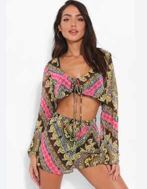 Boohoo Zebra Ruffle Beach Top Womens S Small Tie Front Crop Long Sleeves Boho